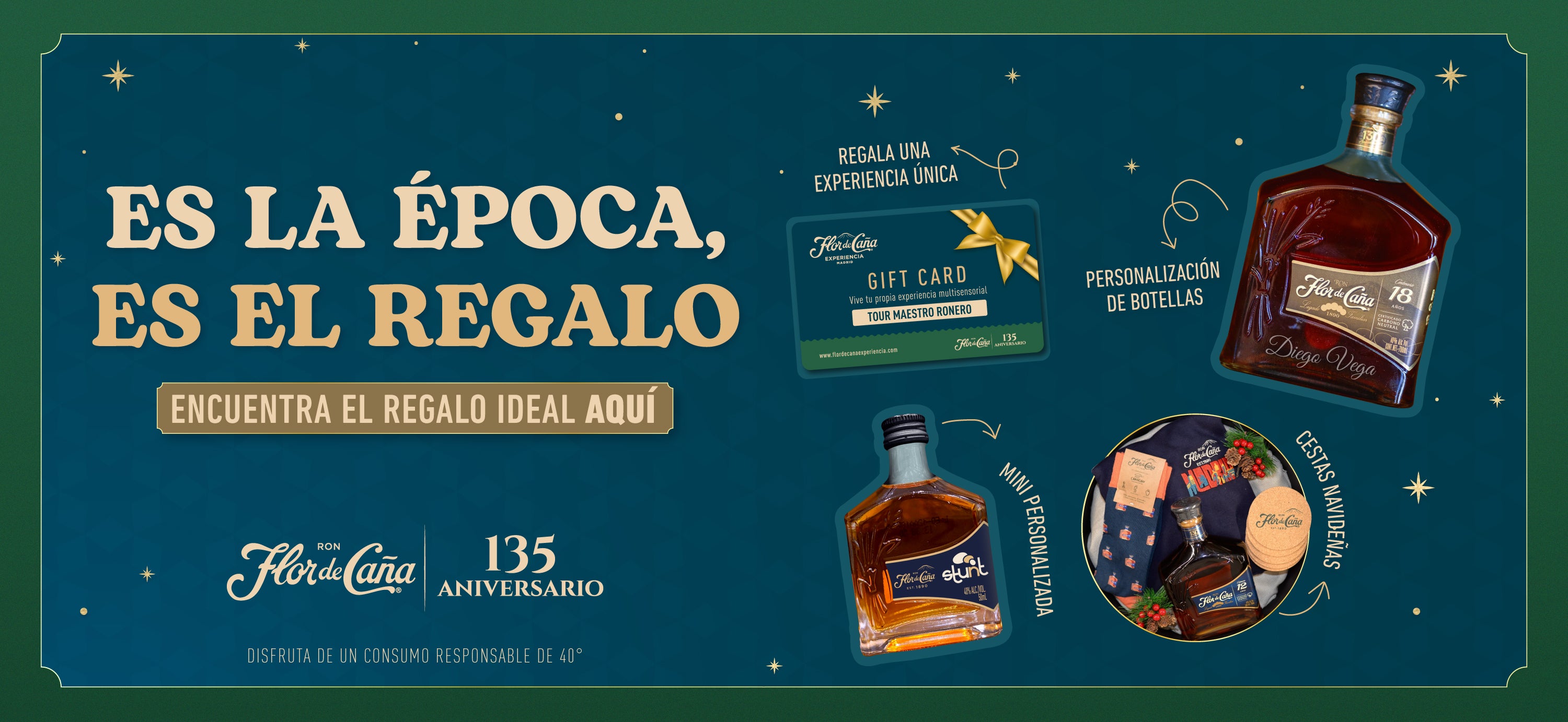 Banner navideño de Flor de Caña con motivos festivos: luces cálidas, copos de nieve sutiles y tipografía elegante anunciando promociones navideñas.